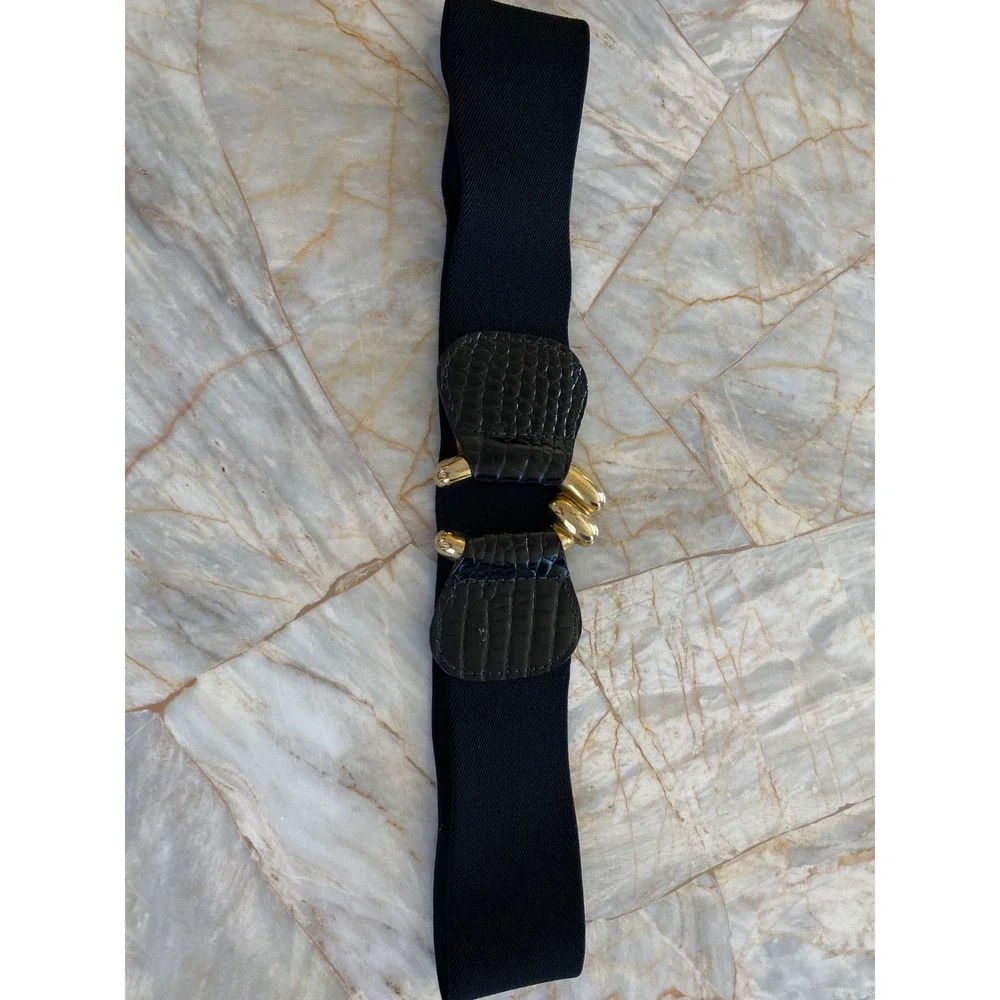 Vintage Black Elastic Cinch Belt Gold Interlocking Buckle Croc Embossed Trim